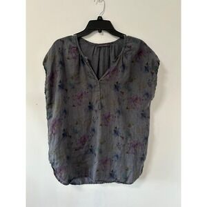 Cut Loose Linen Floral Split Neck Top Womens Large Gray Lagenlook 4535913